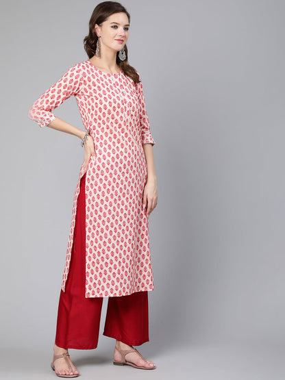Women's Pink Ethnic Printed Straight Kurta With Three Quarter Sleeves