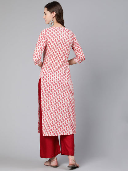 Women's Pink Ethnic Printed Straight Kurta With Three Quarter Sleeves