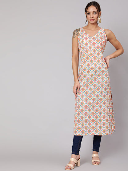 Women's Multi Geometric Printed Straight Sleeveless Kurta With V-Neck