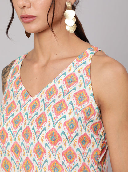 Women's Multi Geometric Printed Straight Sleeveless Kurta With V-Neck