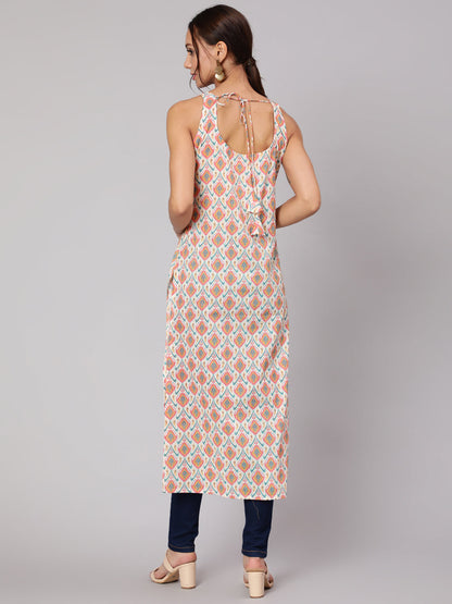 Women's Multi Geometric Printed Straight Sleeveless Kurta With V-Neck