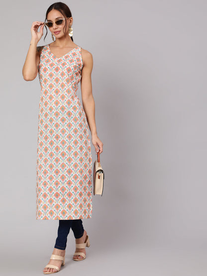 Women's Multi Geometric Printed Straight Sleeveless Kurta With V-Neck
