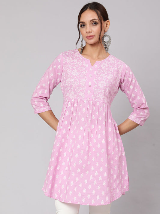 Women's Purple Printed A-Line Tunic With Three Quarter Sleeves