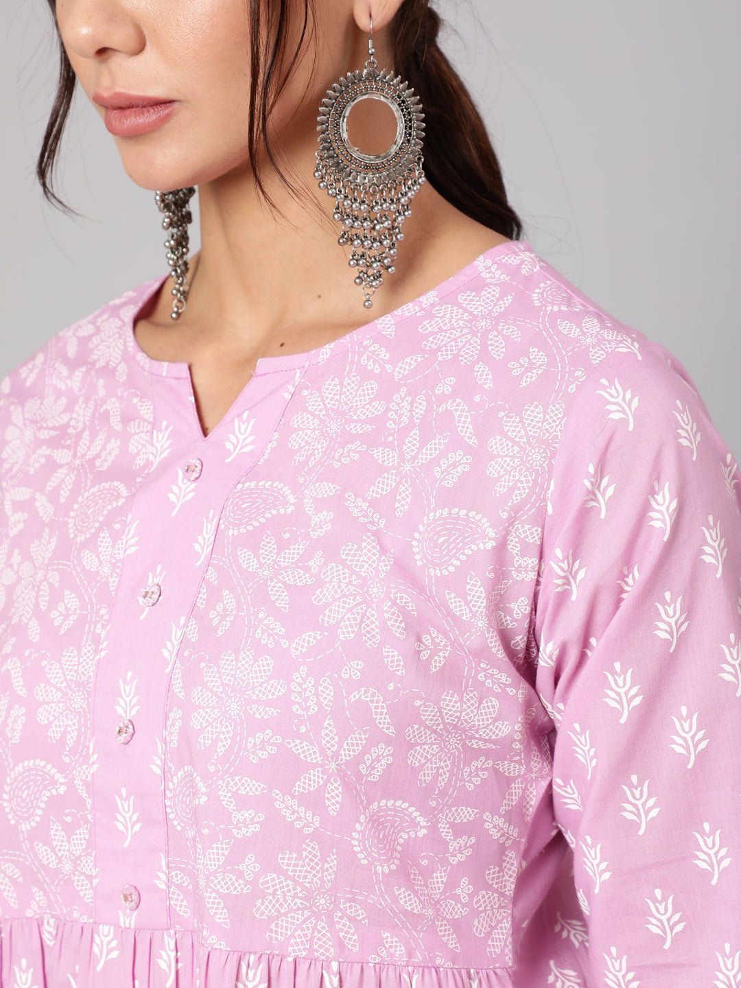 Women's Purple Printed A-Line Tunic With Three Quarter Sleeves