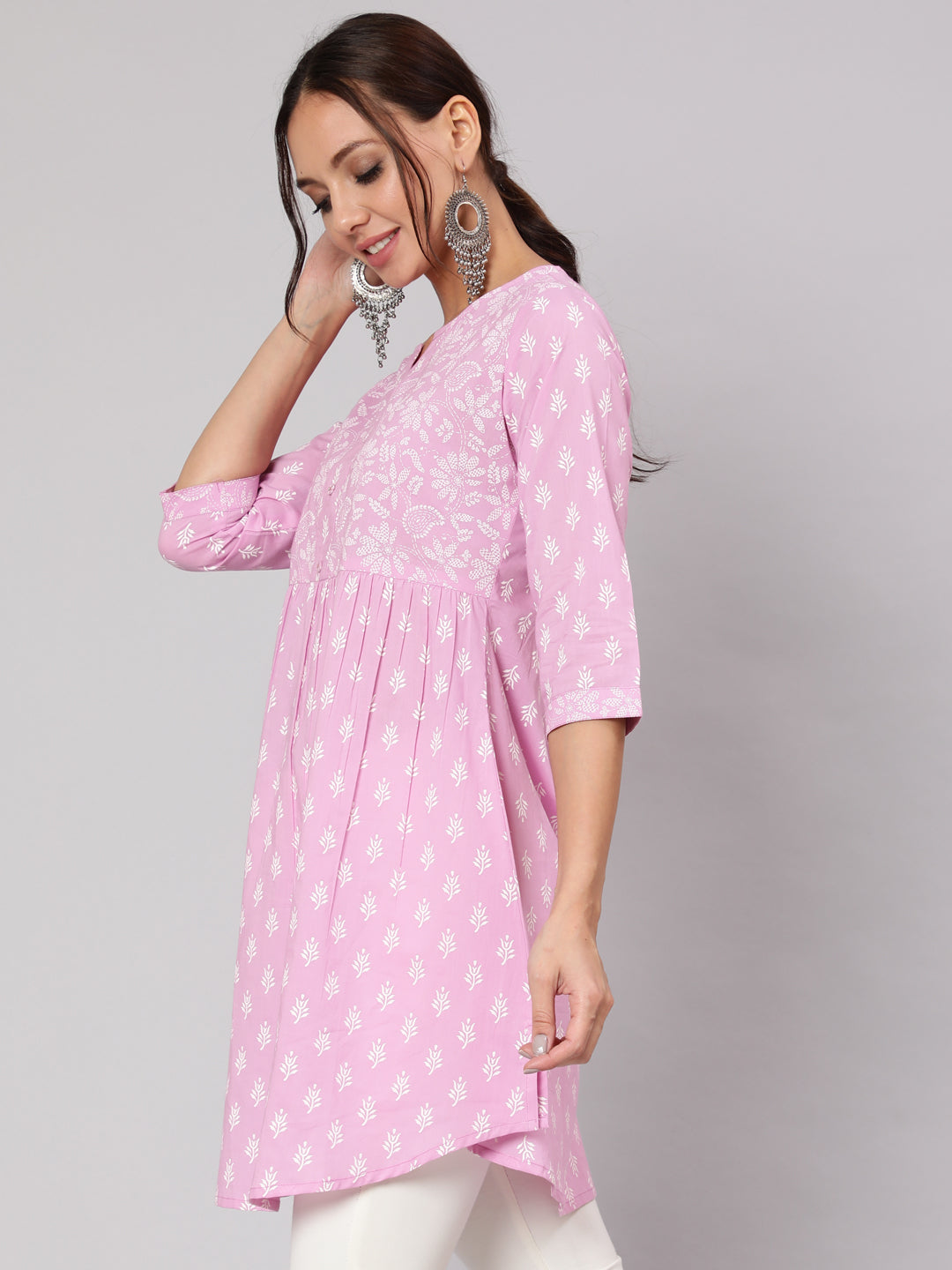 Women's Purple Printed A-Line Tunic With Three Quarter Sleeves