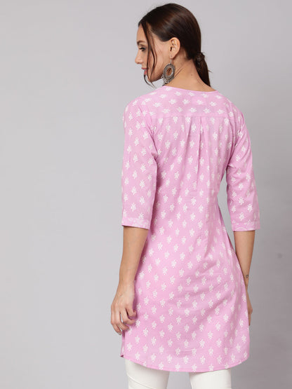 Women's Purple Printed A-Line Tunic With Three Quarter Sleeves