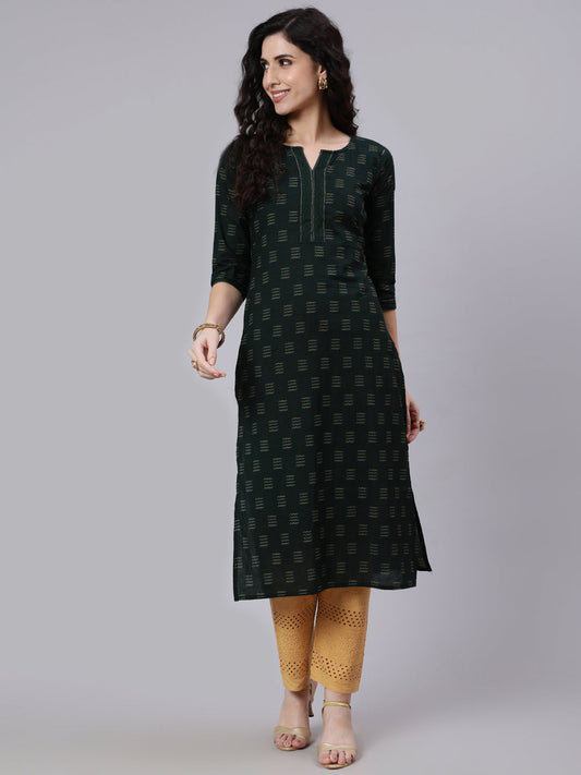 Women's Green Ikat Print With Round Neck Straight Kurta