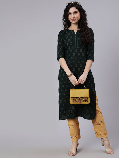 Women's Green Ikat Print With Round Neck Straight Kurta