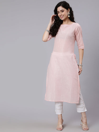 Women's Pink Color With Silver Stripe Solid Straight Kurta