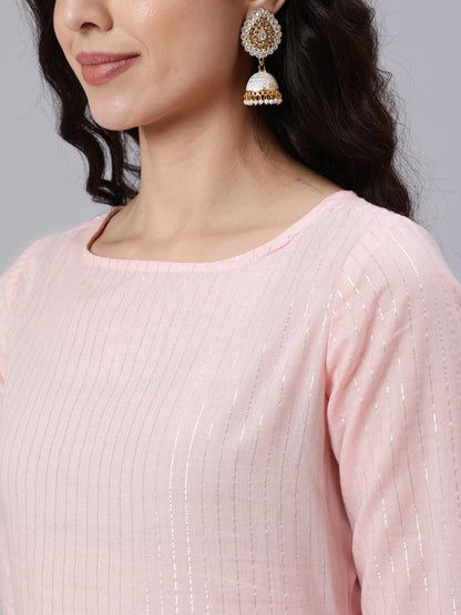 Women's Pink Color With Silver Stripe Solid Straight Kurta