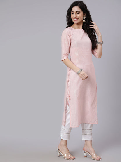 Women's Pink Color With Silver Stripe Solid Straight Kurta
