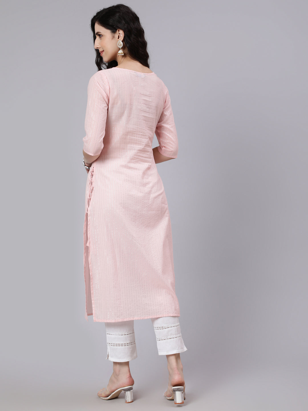 Women's Pink Color With Silver Stripe Solid Straight Kurta