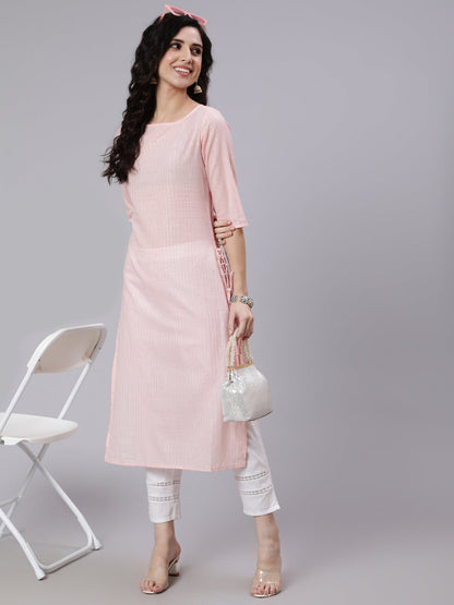 Women's Pink Color With Silver Stripe Solid Straight Kurta