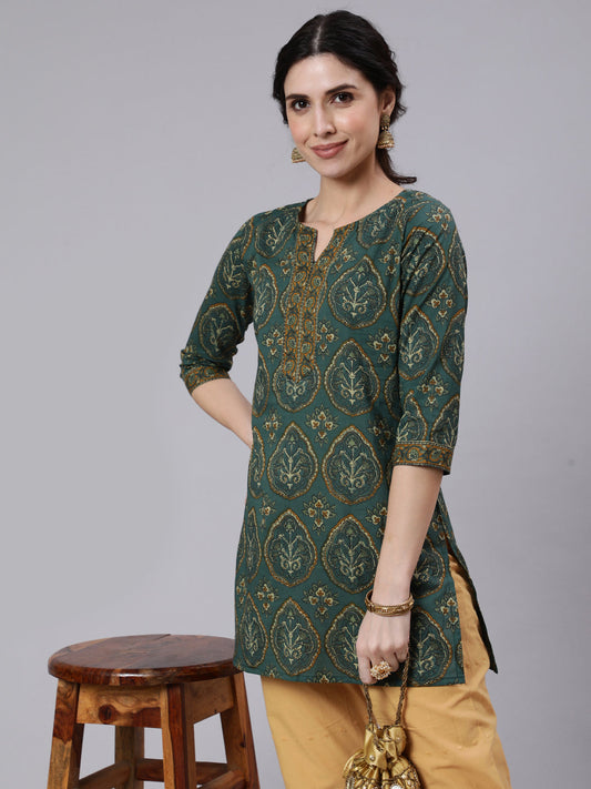 Women's Green Ethnic Printed Tunic With Three Quarter Sleevs