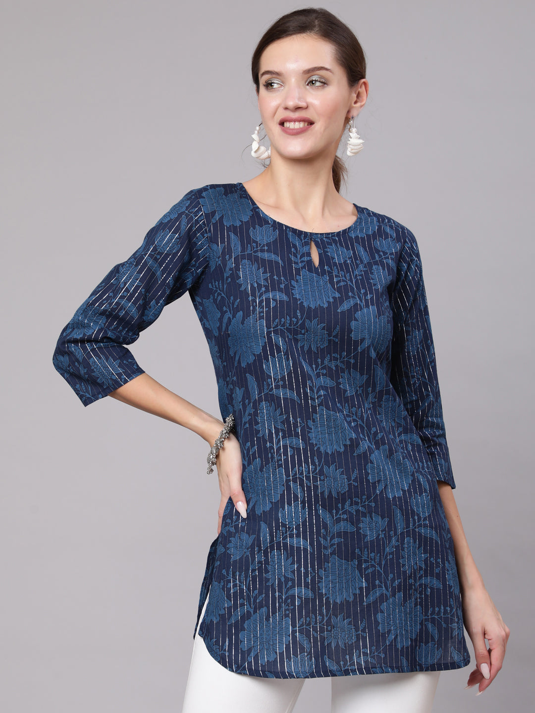 Women's Navy Blue Floral Printed Straight Tunic