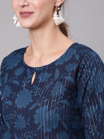 Women's Navy Blue Floral Printed Straight Tunic