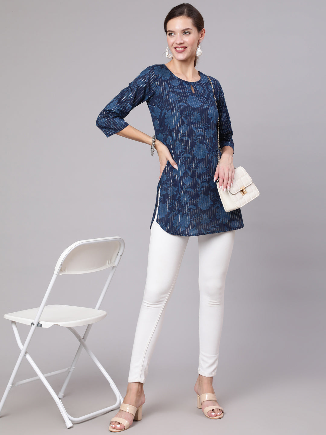 Women's Navy Blue Floral Printed Straight Tunic