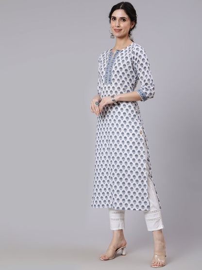 Women's Off-White Printed Straight Kurta With Three Quarter Sleeves