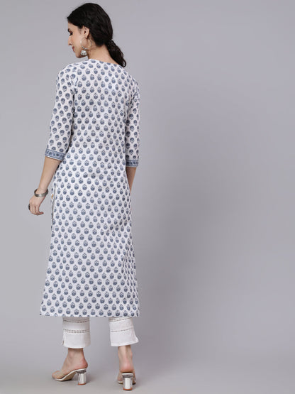 Women's Off-White Printed Straight Kurta With Three Quarter Sleeves