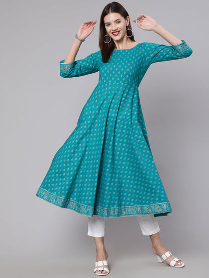 Women's Green Ethnic Printed Dress With Three Quarter Sleeves