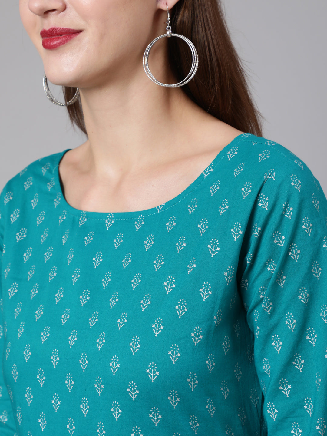 Women's Green Ethnic Printed Dress With Three Quarter Sleeves