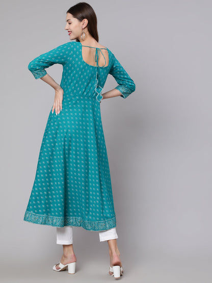 Women's Green Ethnic Printed Dress With Three Quarter Sleeves