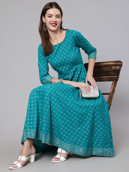 Women's Green Ethnic Printed Dress With Three Quarter Sleeves