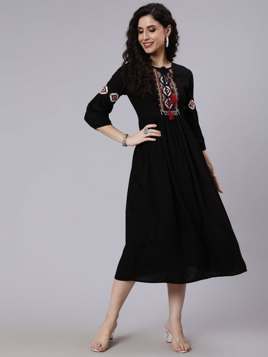 Women's Black Solid Embroidered Yoke Design Dress