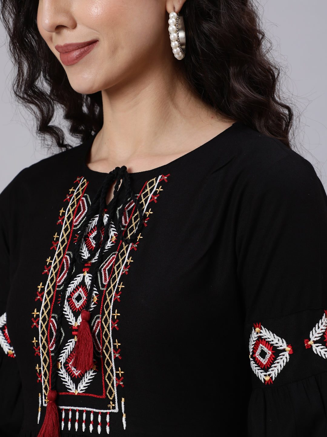 Women's Black Solid Embroidered Yoke Design Dress