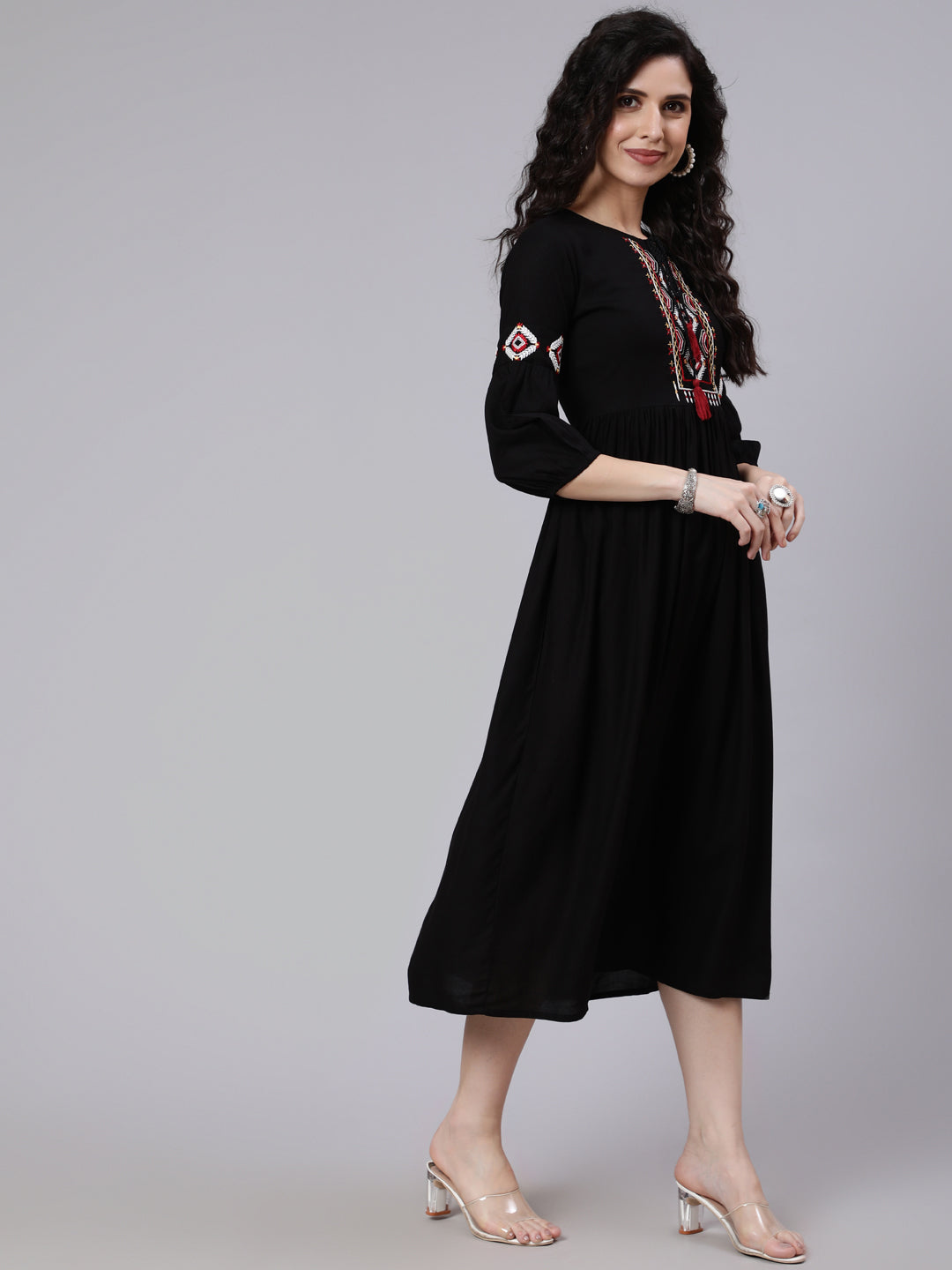 Women's Black Solid Embroidered Yoke Design Dress