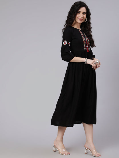 Women's Black Solid Embroidered Yoke Design Dress