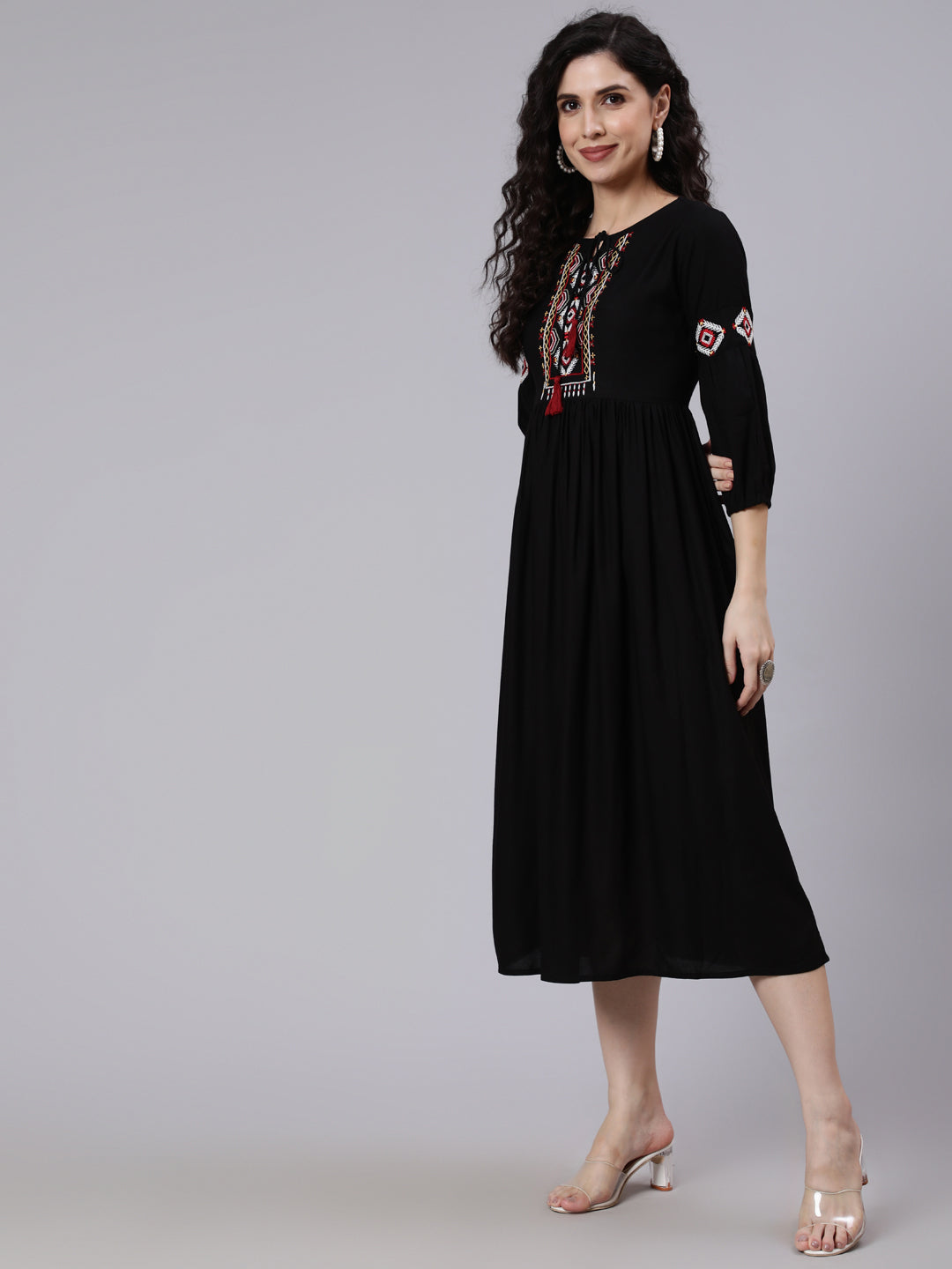 Women's Black Solid Embroidered Yoke Design Dress