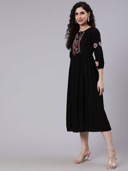 Women's Black Solid Embroidered Yoke Design Dress