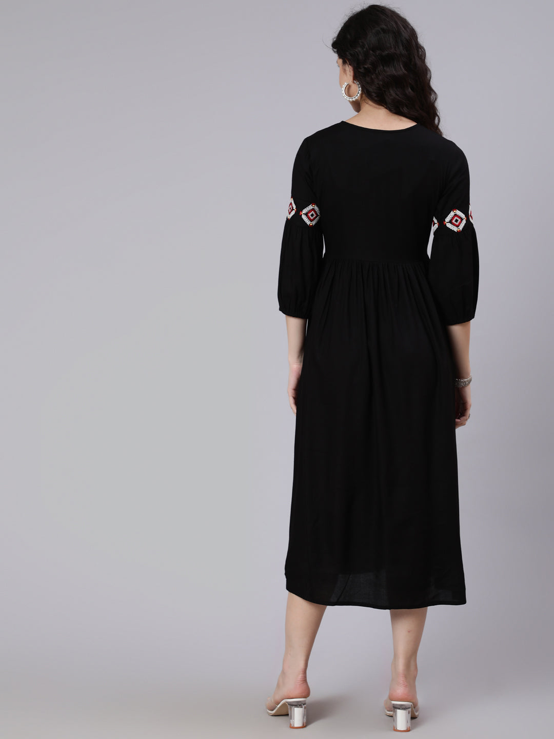 Women's Black Solid Embroidered Yoke Design Dress