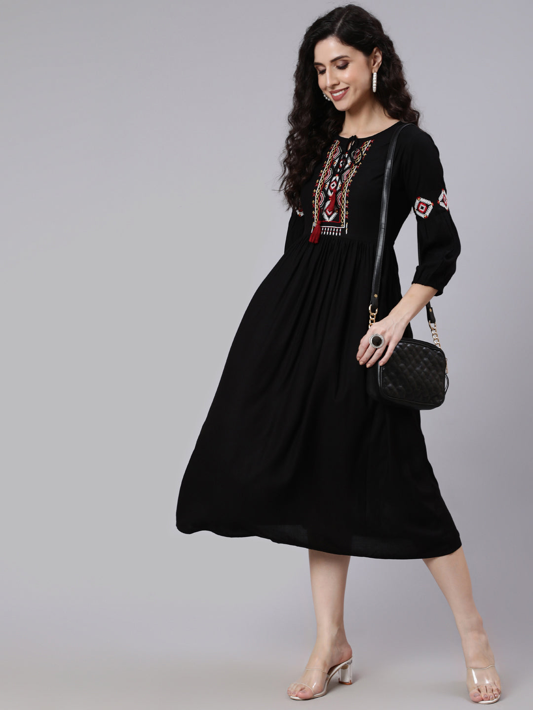Women's Black Solid Embroidered Yoke Design Dress