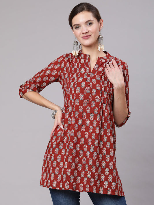 Women's Maroon Ethnic Printed Straight Tunic With Three Quarter Sleeves