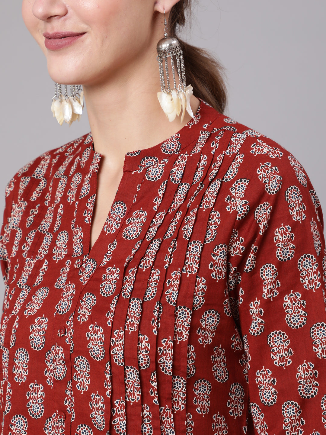 Women's Maroon Ethnic Printed Straight Tunic With Three Quarter Sleeves