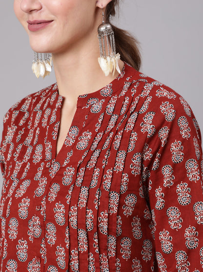 Women's Maroon Ethnic Printed Straight Tunic With Three Quarter Sleeves