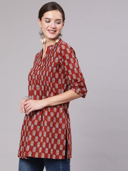 Women's Maroon Ethnic Printed Straight Tunic With Three Quarter Sleeves