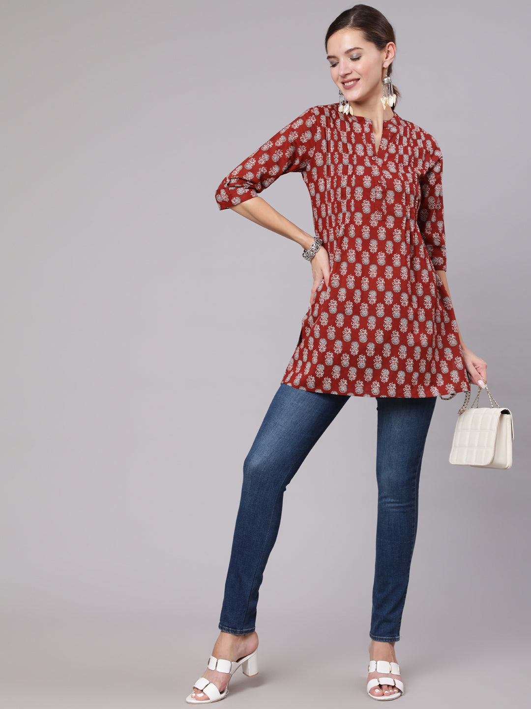 Women's Maroon Ethnic Printed Straight Tunic With Three Quarter Sleeves