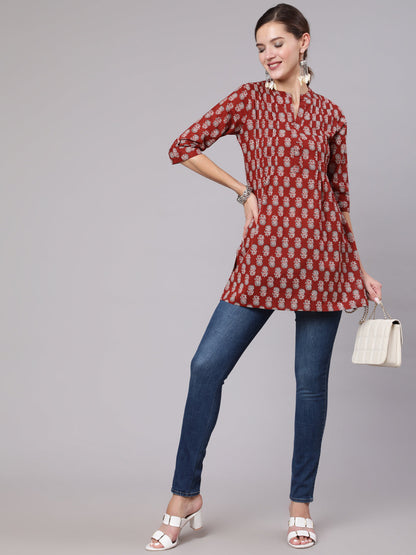 Women's Maroon Ethnic Printed Straight Tunic With Three Quarter Sleeves