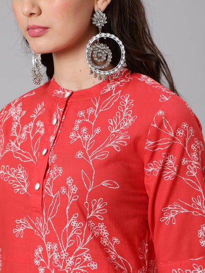 Women's Red Floral Printed Straight Kurta With Three Quarter Sleeves