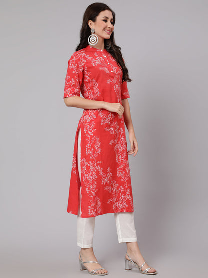 Women's Red Floral Printed Straight Kurta With Three Quarter Sleeves