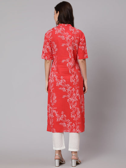 Women's Red Floral Printed Straight Kurta With Three Quarter Sleeves