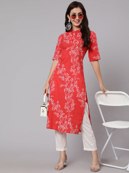 Women's Red Floral Printed Straight Kurta With Three Quarter Sleeves