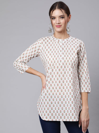 Women's Off-White Straight Tunic With Three Quaretr Sleeves