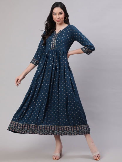 Women's Wome Teal Blue Ethinc Printed Flared Dress With Three Quarter sleeves