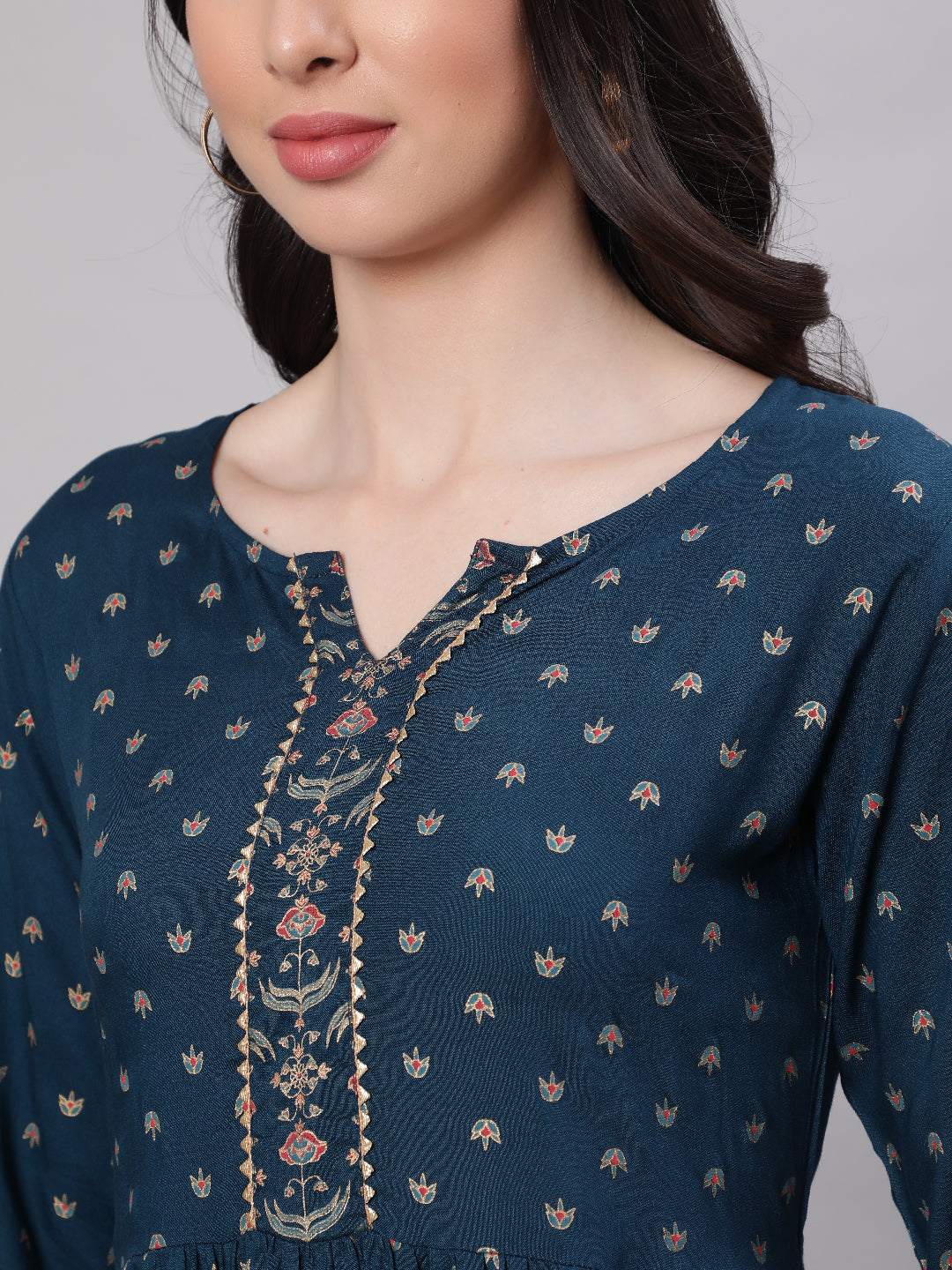 Women's Wome Teal Blue Ethinc Printed Flared Dress With Three Quarter sleeves
