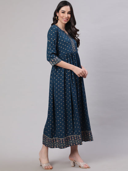 Women's Wome Teal Blue Ethinc Printed Flared Dress With Three Quarter sleeves