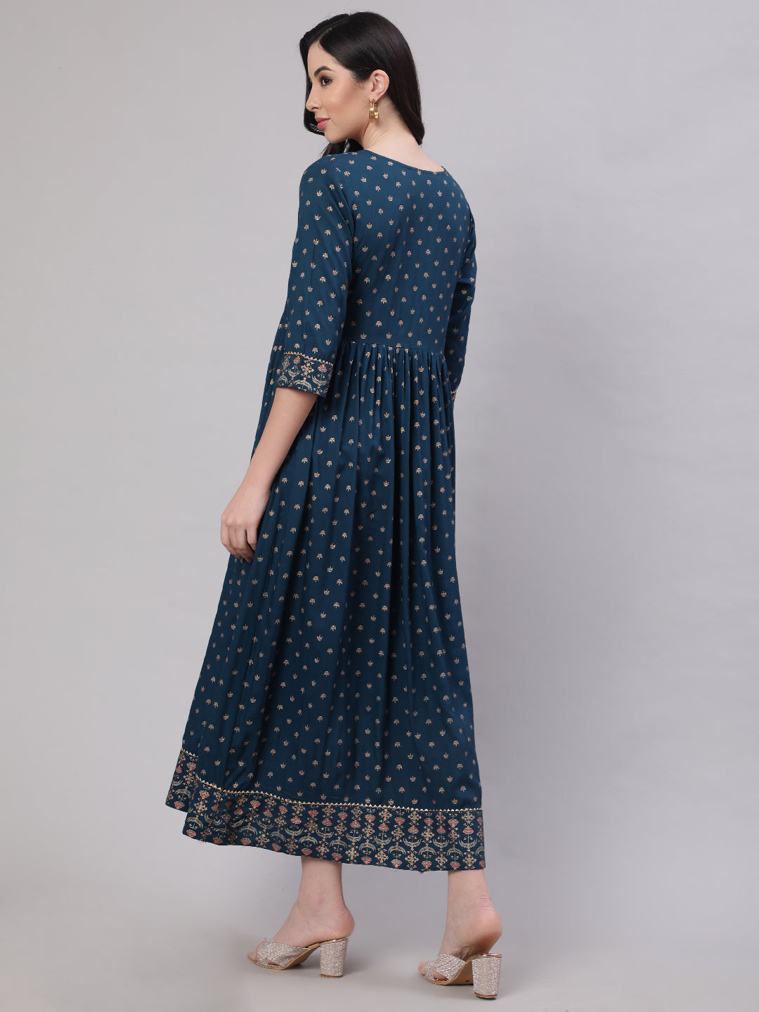 Women's Wome Teal Blue Ethinc Printed Flared Dress With Three Quarter sleeves